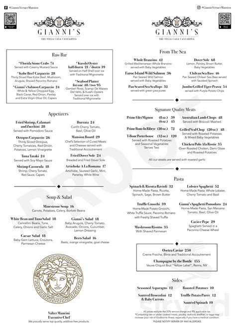 Versace restaurant menu